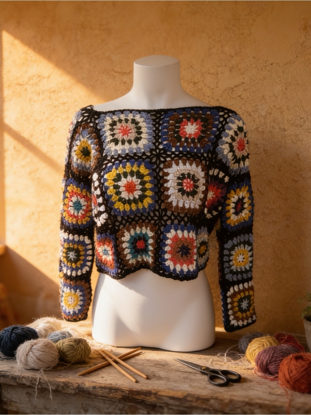En Creme multi color granny square sweater